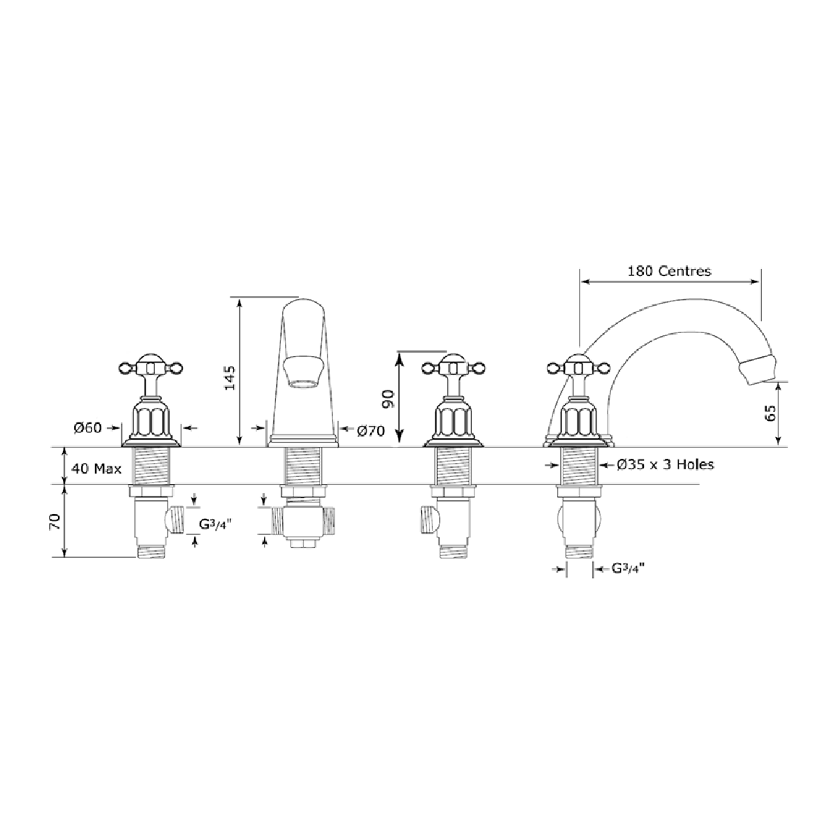 Perrin & Rowe CLEARANCE 7" Three Hole Bath Tap Set with Crosshead Handles 3256