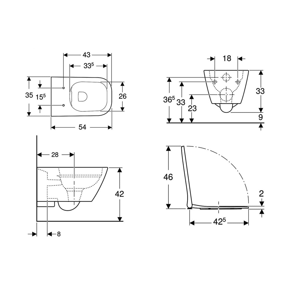 Geberit 500.683.00.2 Smyle Square Grab And Go 350 x 540mm Wall Hung WC Rim-Free And Seat