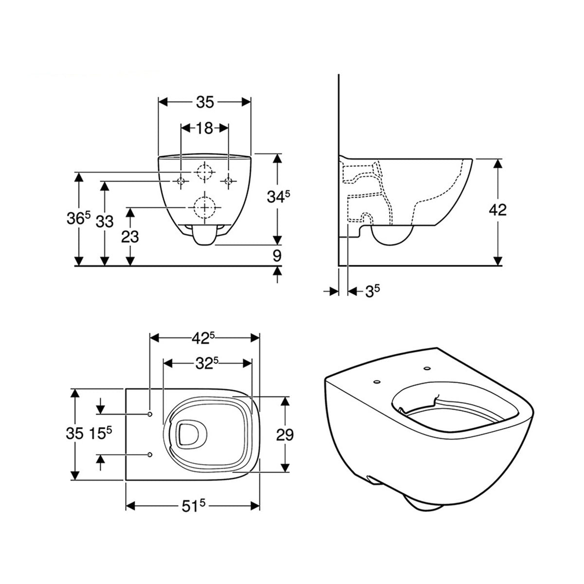 Geberit 502.726.00.1 Selnova 350 x 515mm Square Wall-Hung Washdown Rim-Free WC Pan