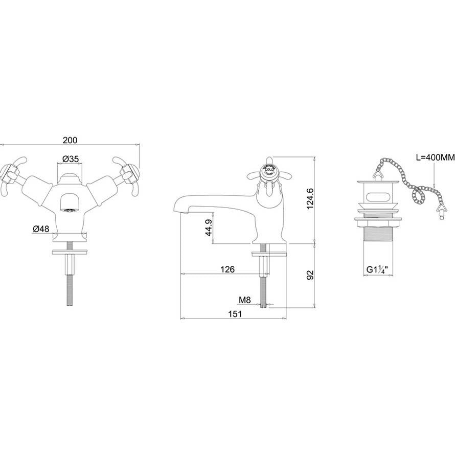 Burlington Anglesey AN5-QT Basin Mixer with Plug & Chain Waste