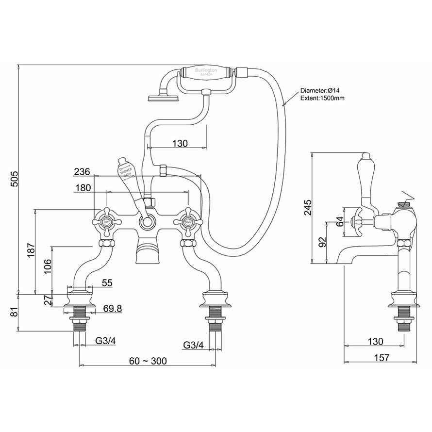 Burlington Anglesey Regent Bath Shower Mixer Deck-Mounted