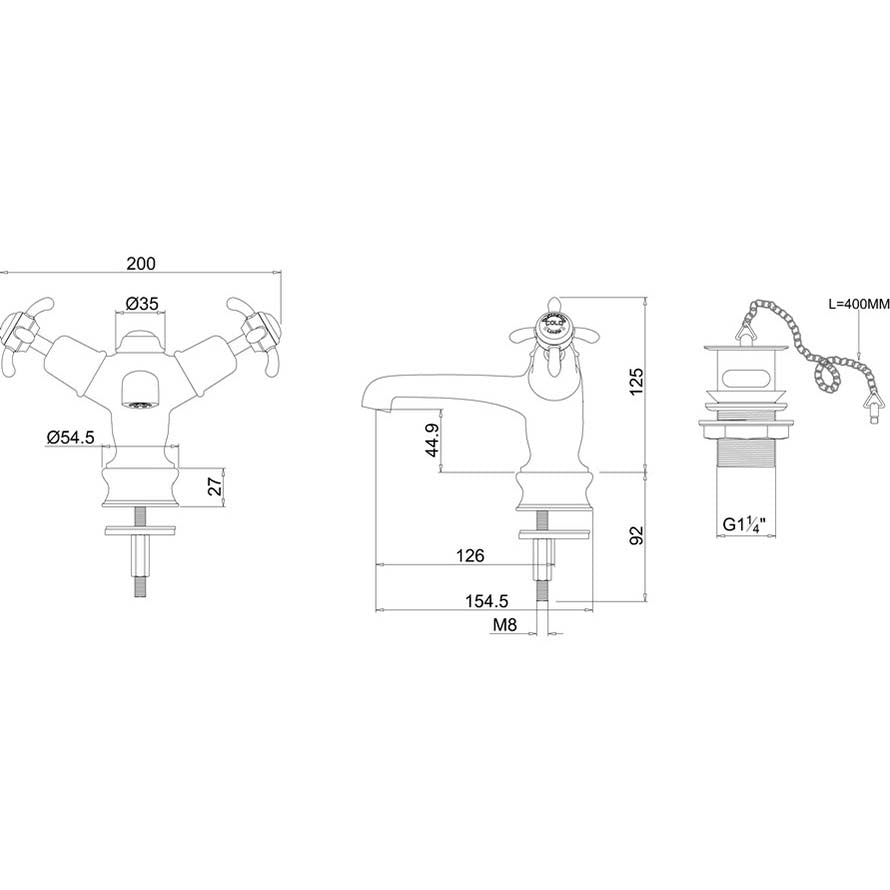 Burlington Anglesey CLR5_QT Regent Basin Mixer with Plug & Chain Waste