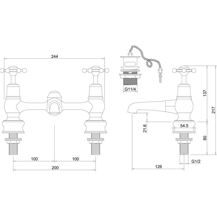 Burlington Birkenhead BIR10-QT Regent 2 Tap Hole Bridge Basin Mixer with Plug & Chain Waste & Swivel Spout