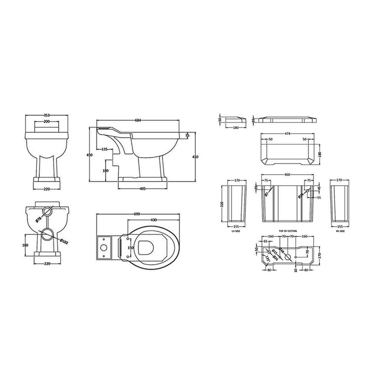 Hudson Reed HRR-353 Richmond Close Coupled WC Pan White And Cistern – 353 x 690 x 450mm