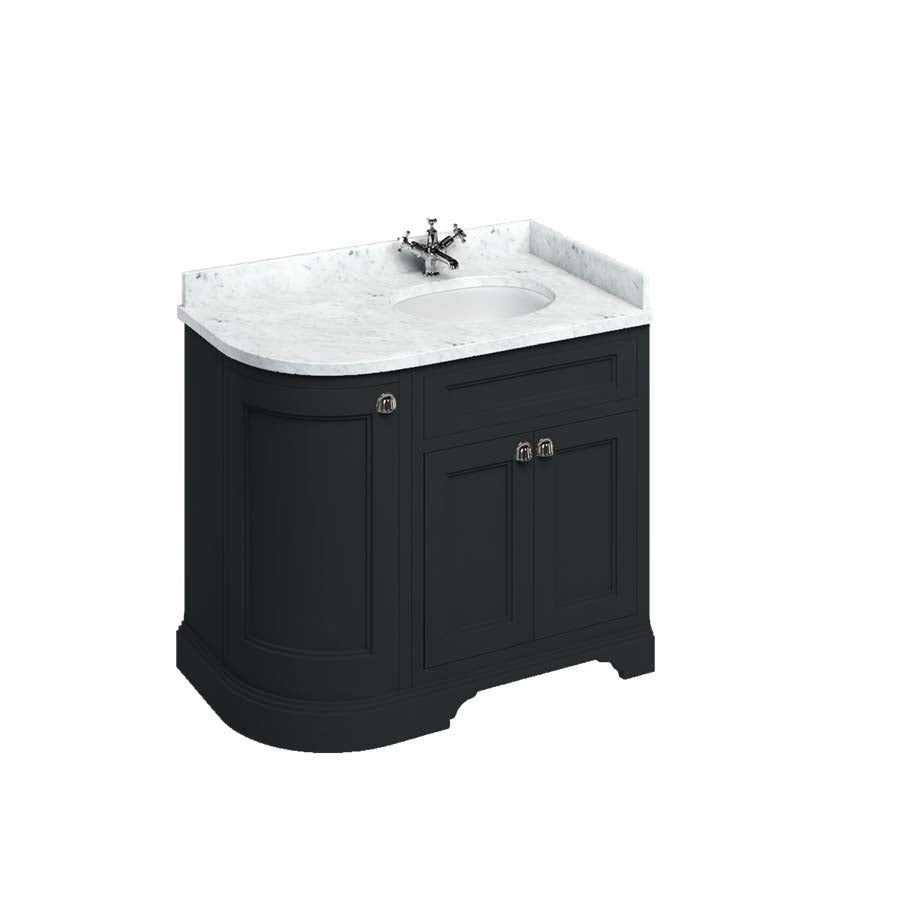Burlington Bathrooms Freestanding 100 RH Curved Corner Unit with Carrara White Worktop and Integrated White Basin
