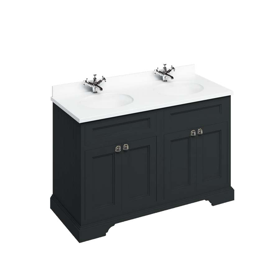 Burlington Bathrooms Freestanding 130 Unit with White Worktop, Doors & 2 Integrated White Basins
