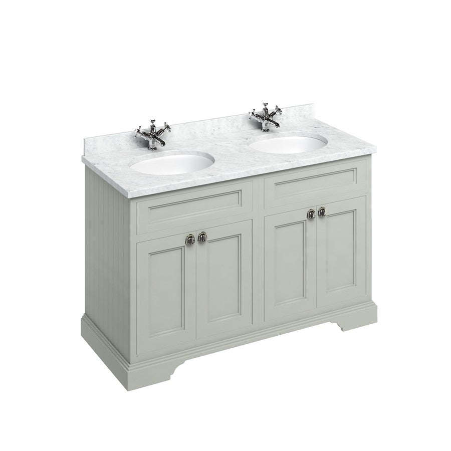 Burlington Bathrooms Freestanding 130 Unit with Carrara White Worktop, Doors & 2 Integrated White Basins