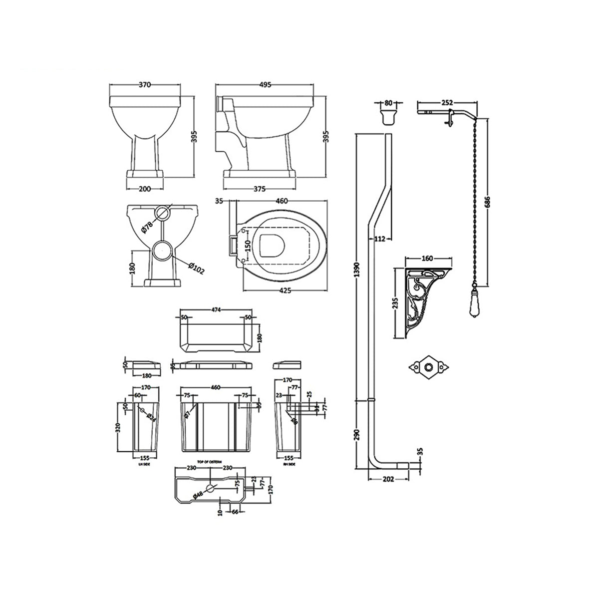 Hudson Reed Richmond High Level WC Pan with Cistern and Flush Pipe Kit - 465 x 625 x 2140mm