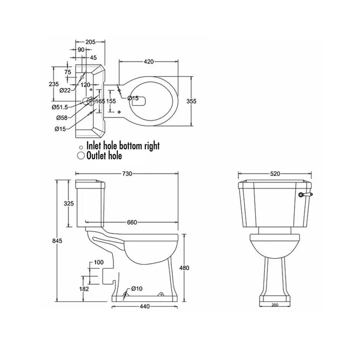 Burlington P12-C1 Regal White Close Coupled WC with Ceramic Lever - 520 x 730 x 845mm