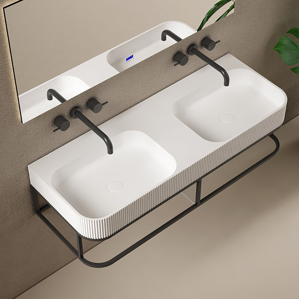 Luxe81 1200mm Fluted Wall Hung Solid Surface Matt White Basin With Black Matt Frame