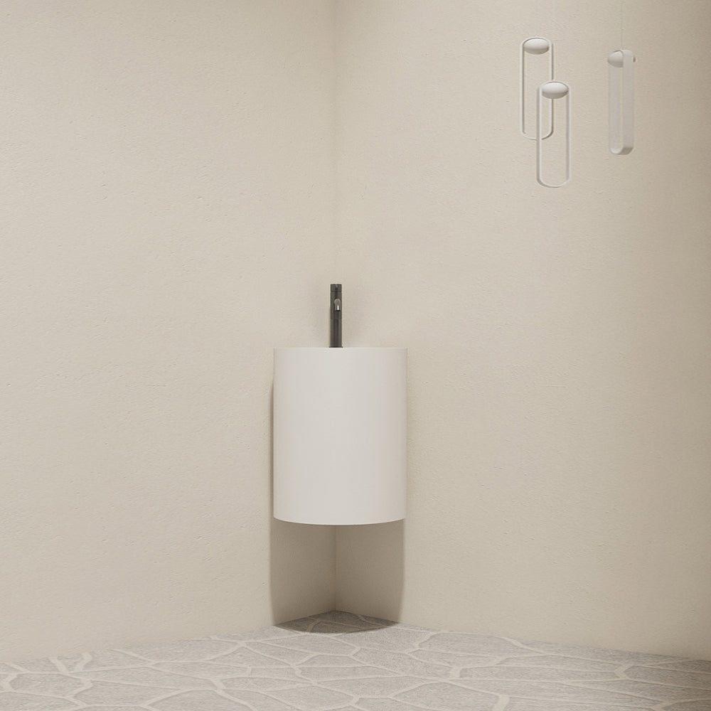 Luxe81 Round Corner Wall Hung Solid Surface Pedestal Basin Matt White