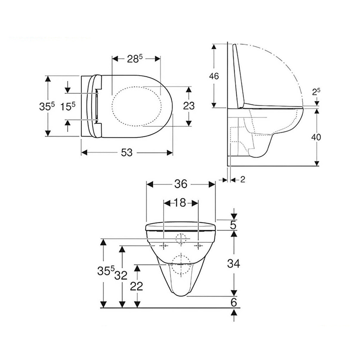 Geberit 501.752.00.1 Selnova Round Grab And Go 355 x 530mm Wall Hung Washdown WC Toilet