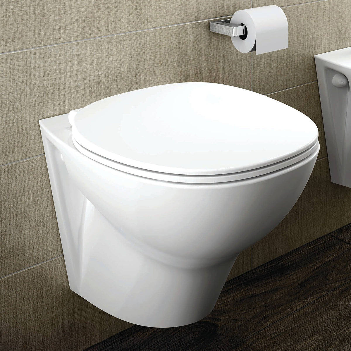 RAK Morning Rimless Wall Hung White Toilet With Exposed Fitting And Soft Close Seat MORWC1445AWHA