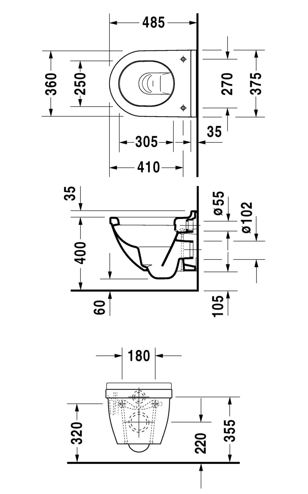 Luxe Duravit Starck 3 Wall Hung Toilet - 360mm Toilet With 4.5 Litre Flush