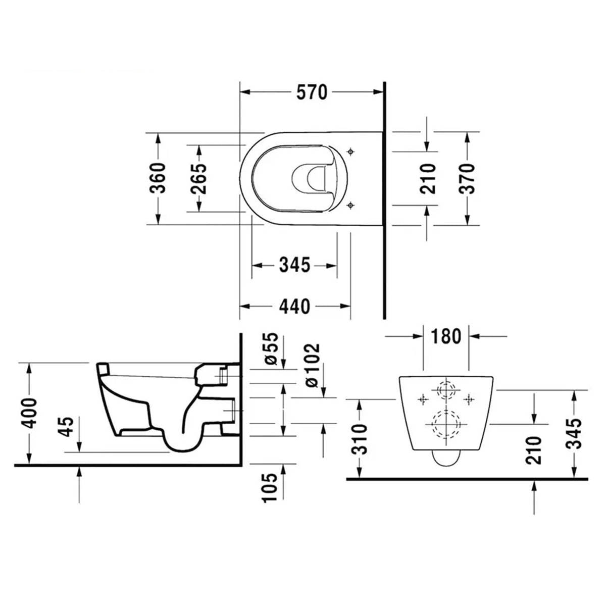 Duravit 2528090000 Me-By-Starck Washdown Wall Mounted Toilet