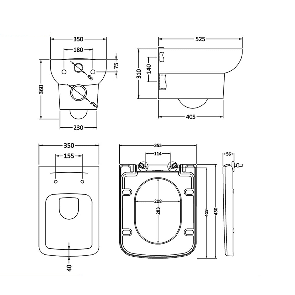 Hudson CPA005 Reed Arlo 350 x 525mm Square Wall Hung Pan White And Soft Close Seat