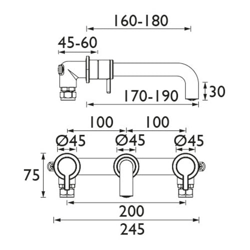 Heritage Dartmouth 3 Taphole Wall Mounted Basin Mixer