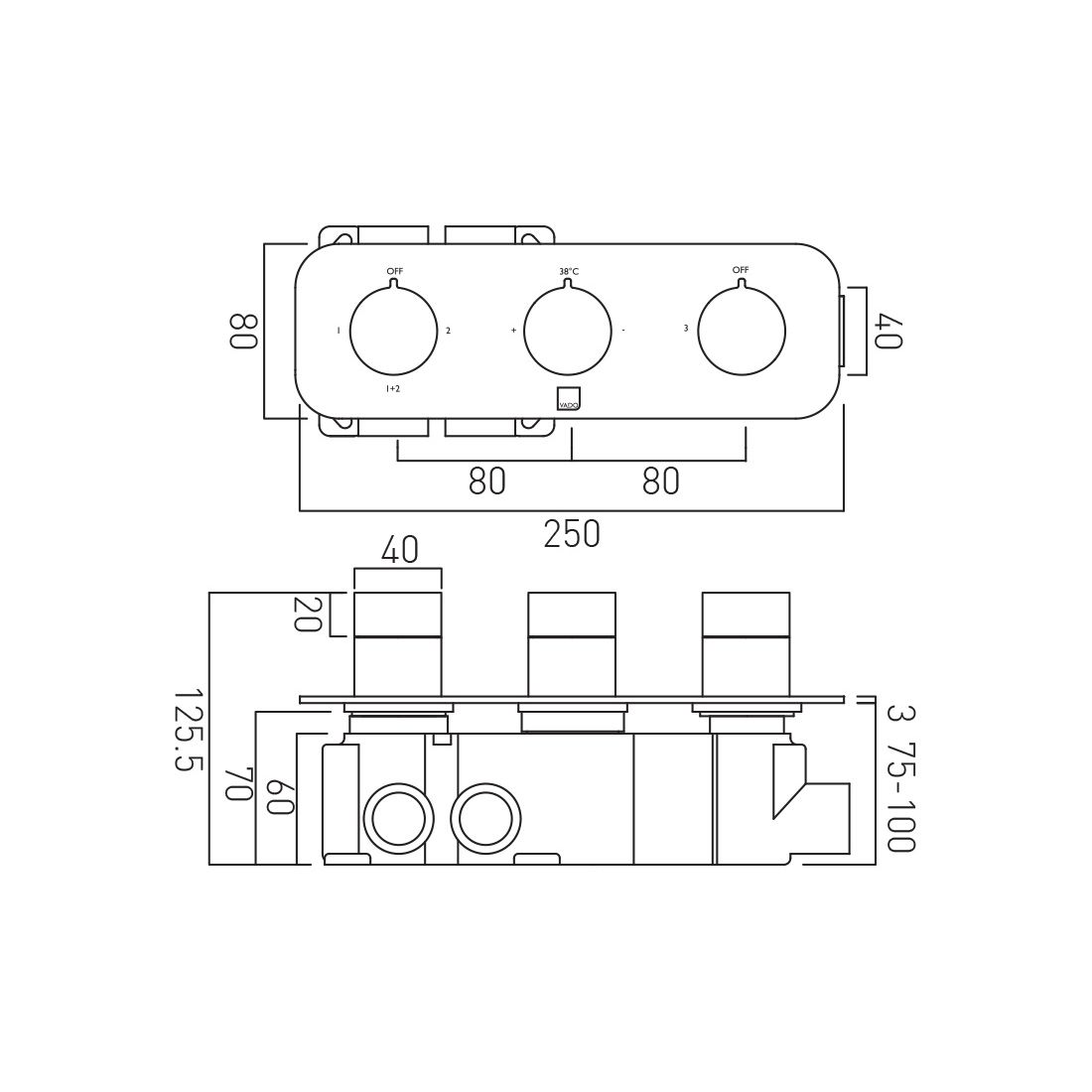 Vado IND-T128/3-H-ALT-BLK Tablet Altitude Horizontal Conc 3 Outlet