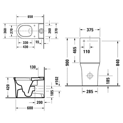 Duravit White Tulip Close Coupled Rimless WC Pan - 370 x 650mm