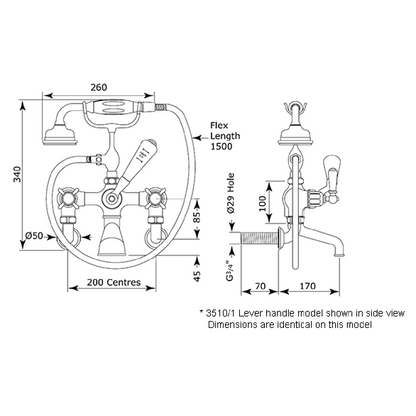 Perrin & Rowe Bath Shower Mixer Tap with Wall Unions and Crosshead Handles 3511/1