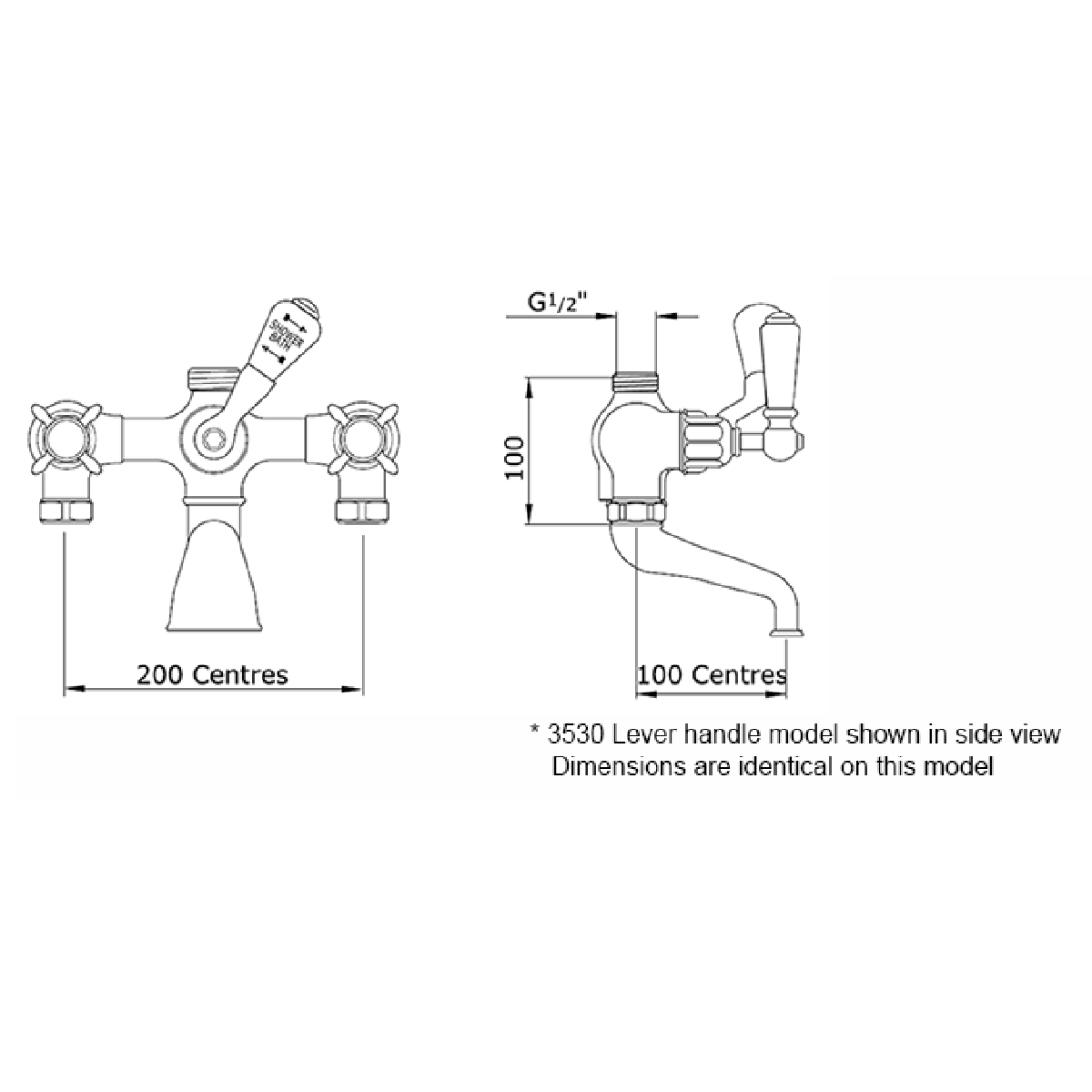 Perrin & Rowe Bath Shower Mixer Tap Without Unions, With Crosshead Handles 3531