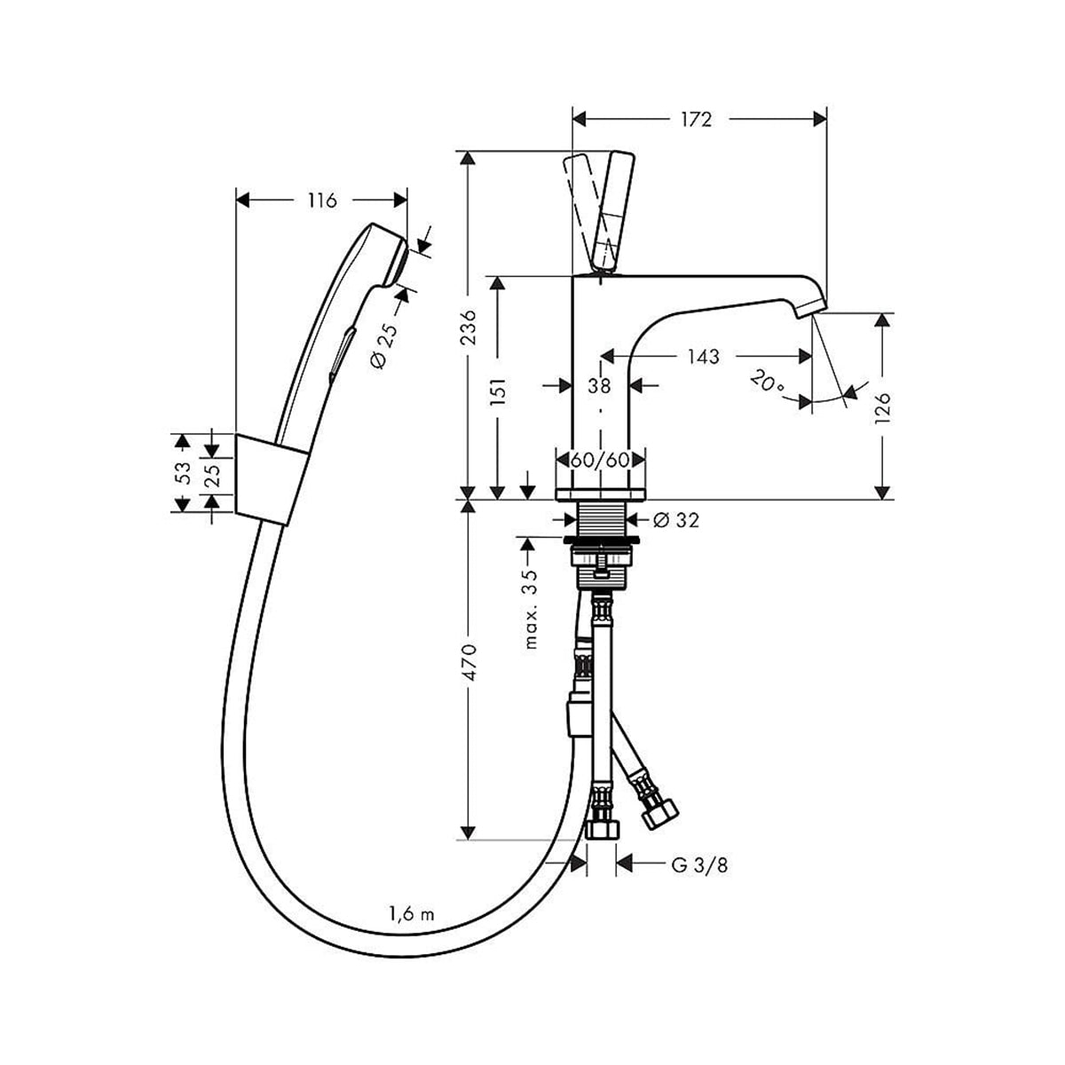 AXOR 36130000 Citterio E Single Lever Basin Mixer with Bidet Hand Shower