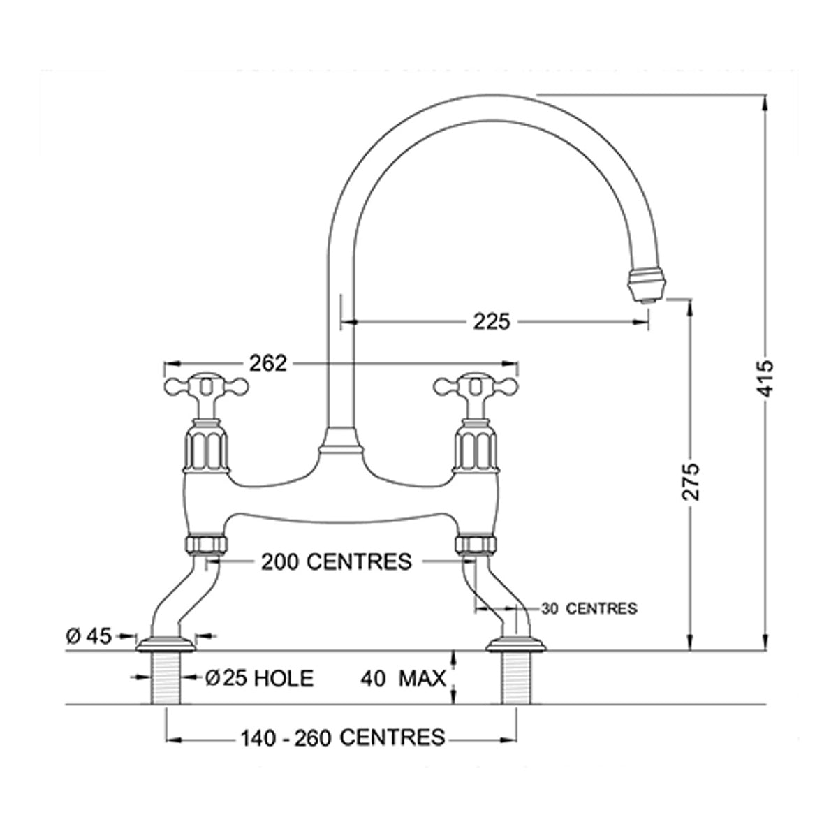 Perrin & Rowe Ionian 4192, 2 Hole Deck Mounted Tap With Crosshead Handles