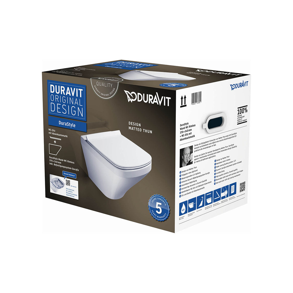 Duravit DuraStyle Wall-Hung Rimless WC Pan and Toilet Seat - 370 x 540mm 45520900A1