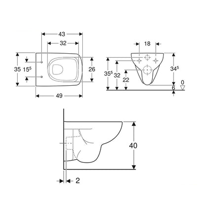 Geberit 500.280.01.7 Selnova Compact 350 x 490mm Wall-Hung Small Projection Rimfree WC Pan