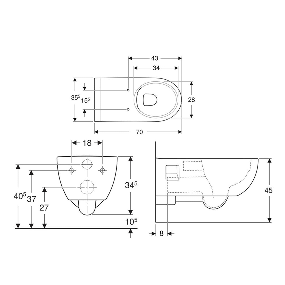 Geberit 500.693.01.7 Selnova Comfort Large Projection Wall-Hung Semi-Shrouded Rimless WC 355 x 700mm