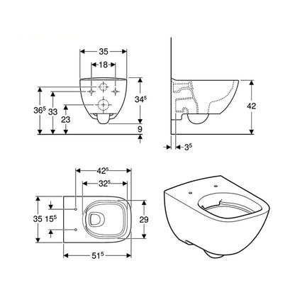 Geberit 502.726.00.1 Selnova 350 x 515mm Square Wall-Hung Washdown Rim-Free WC Pan