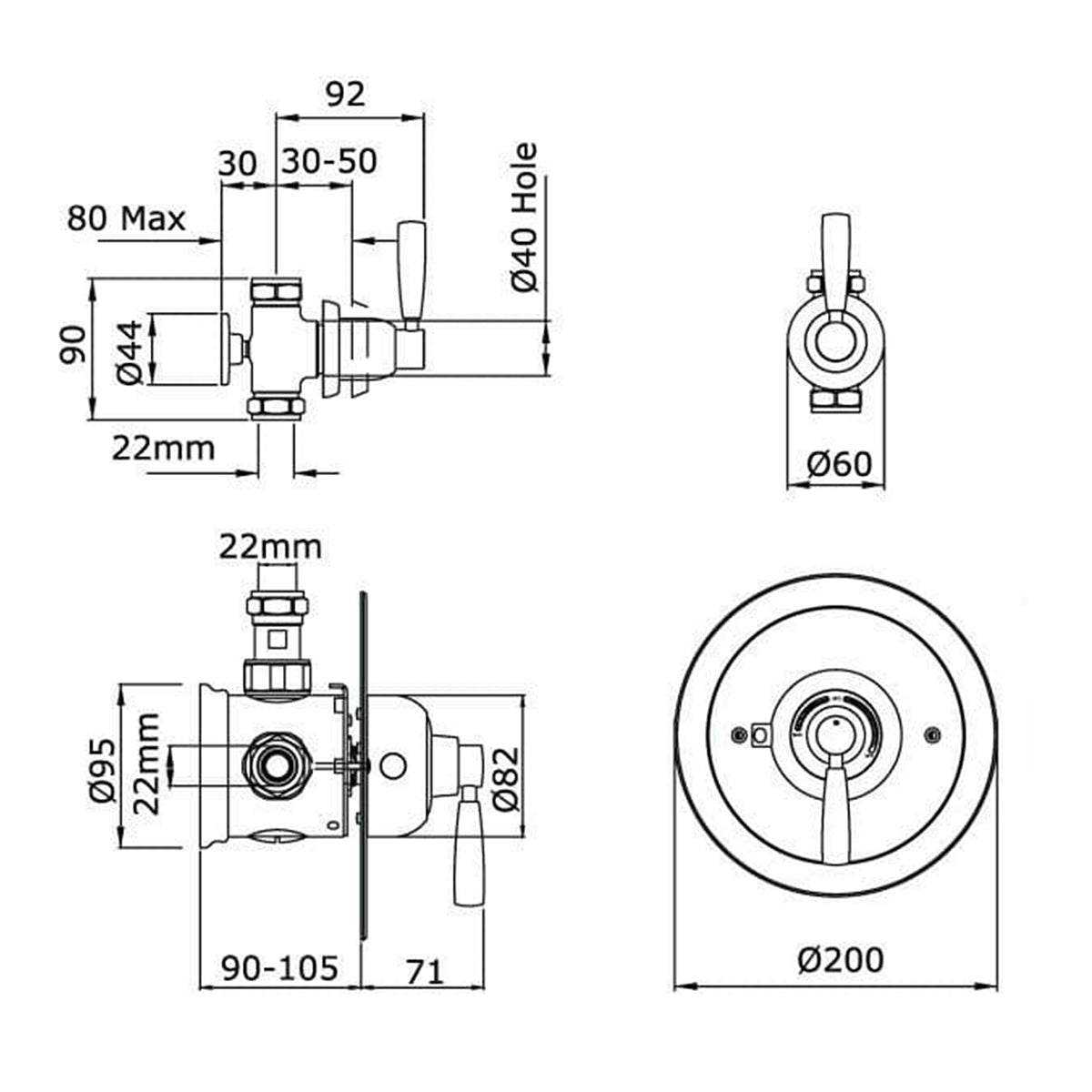 Perrin & Rowe Split Concealed Thermostatic Shower With Remote Shut-off - Lever 5875