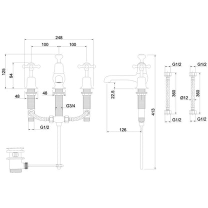 Burlington Anglesey AN12 3 Tap Hole Mixer with Pop-up Waste