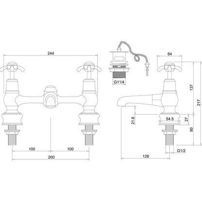 Burlington Anglesey ANR10-QT Regent 2 Tap Hole Bridge Basin Mixer with Plug & Chain Waste & Swivel Spout