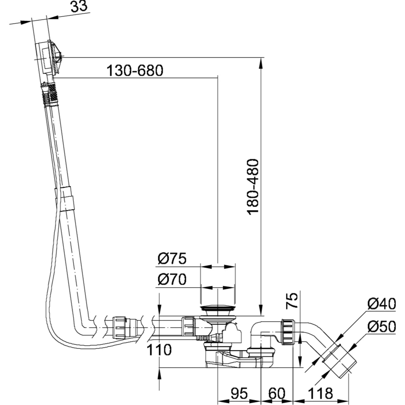 Bette M5 Multiplex Bath Waste Overflow Drawing Image