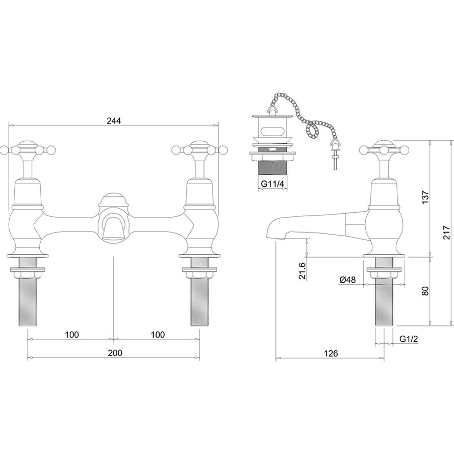 Burlington Birkenhead BI10 2 Tap Hole Bridge Basin Mixer with Plug & Chain Waste & Swivel Spout