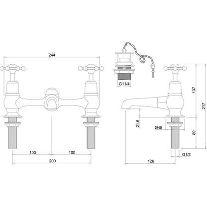 Burlington Birkenhead BI10 2 Tap Hole Bridge Basin Mixer with Plug & Chain Waste & Swivel Spout
