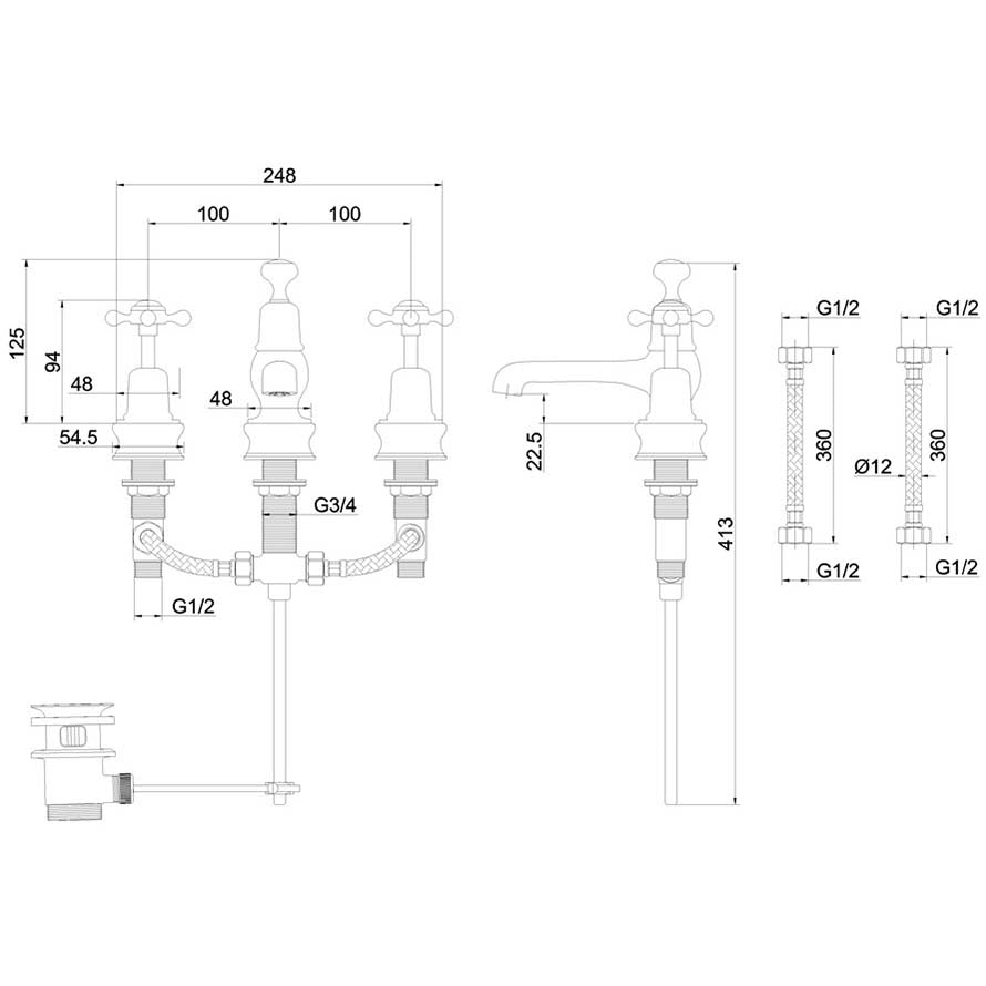Burlington Birkenhead BIR12-QT Regent 3 Tap Hole Mixer with Pop-up Waste