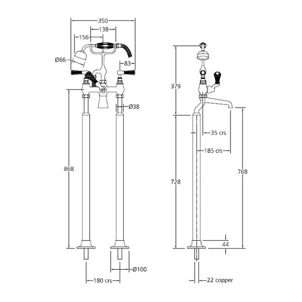Lefroy Brooks Classic Black Lever Bath Shower Mixer with Standpipes BL1144