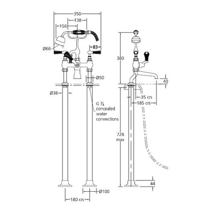 Lefroy Brooks Classic Black Lever Bath Shower Mixer with Standpipe Sleeves Rim Mounting BL1145