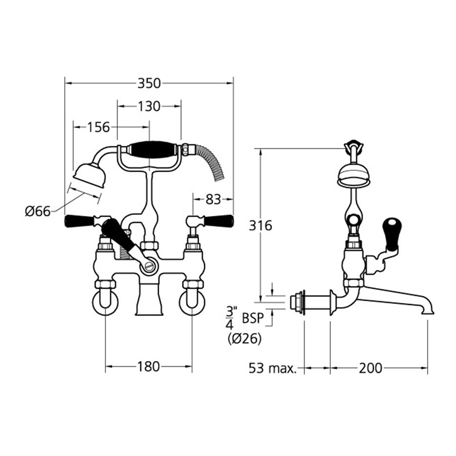 Lefroy Brooks Classic Black Lever Wall-Mounted Bath Shower Mixer BL1166