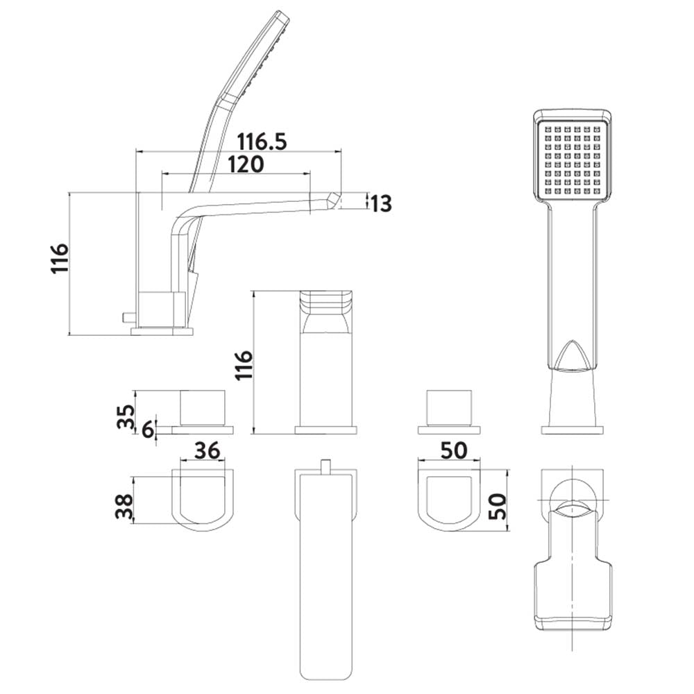 Luxe81 Muro 4 Hole Black Bath Shower Mixer Tap