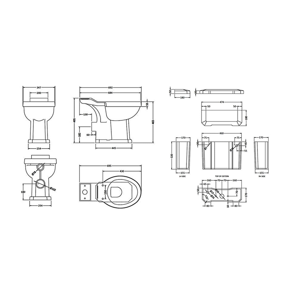 Hudson Reed HRR-353 Richmond Close Coupled WC Pan White And Cistern – 353 x 690 x 450mm