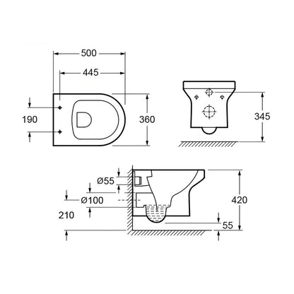 Imex CH10156R Alma 500mm Rimless Wall Hung WC Pan
