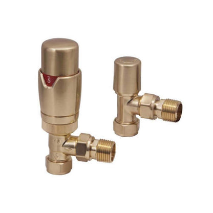 Luxe81 Brushed Brass Angled TRV Radiator Valves Twin Pack