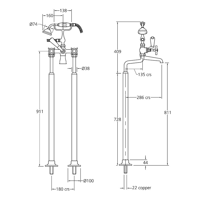Lefroy Brooks Classic Bath Shower Mixer with Extended Legs EXT/LB1144