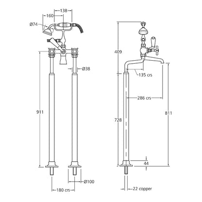 Lefroy Brooks Classic Bath Shower Mixer with Extended Legs EXT/LB1144