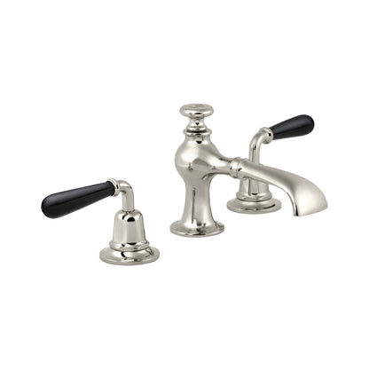 Lefroy Brooks La Chapelle flared spout basin mixer with black torpille levers & pop-up waste