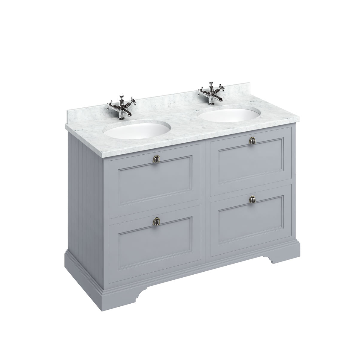 Burlington Bathrooms Freestanding 130 Unit with Carrara White Worktop, Drawers & 2 Integrated White Basins
