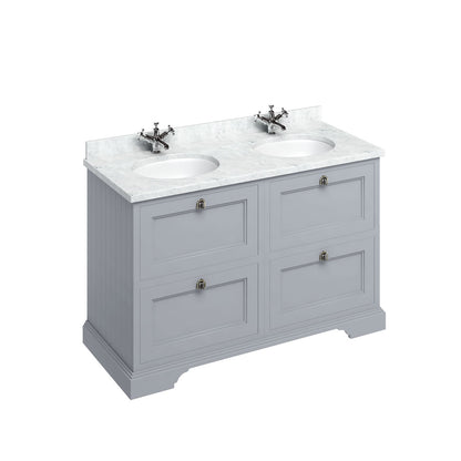 Burlington Bathrooms Freestanding 130 Unit with Carrara White Worktop, Drawers & 2 Integrated White Basins